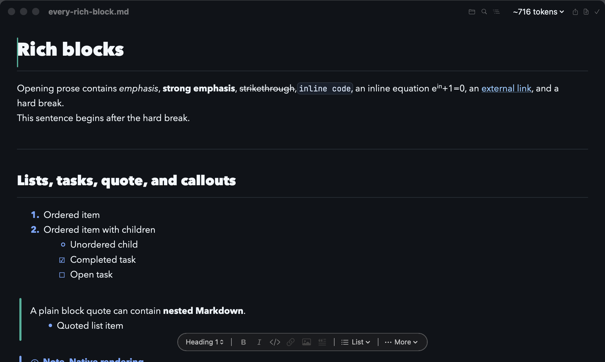 The real Mardo macOS app displaying headings, tasks, links, a table, code, math, Mermaid, footnotes, callouts, and an image in one rich Markdown document.